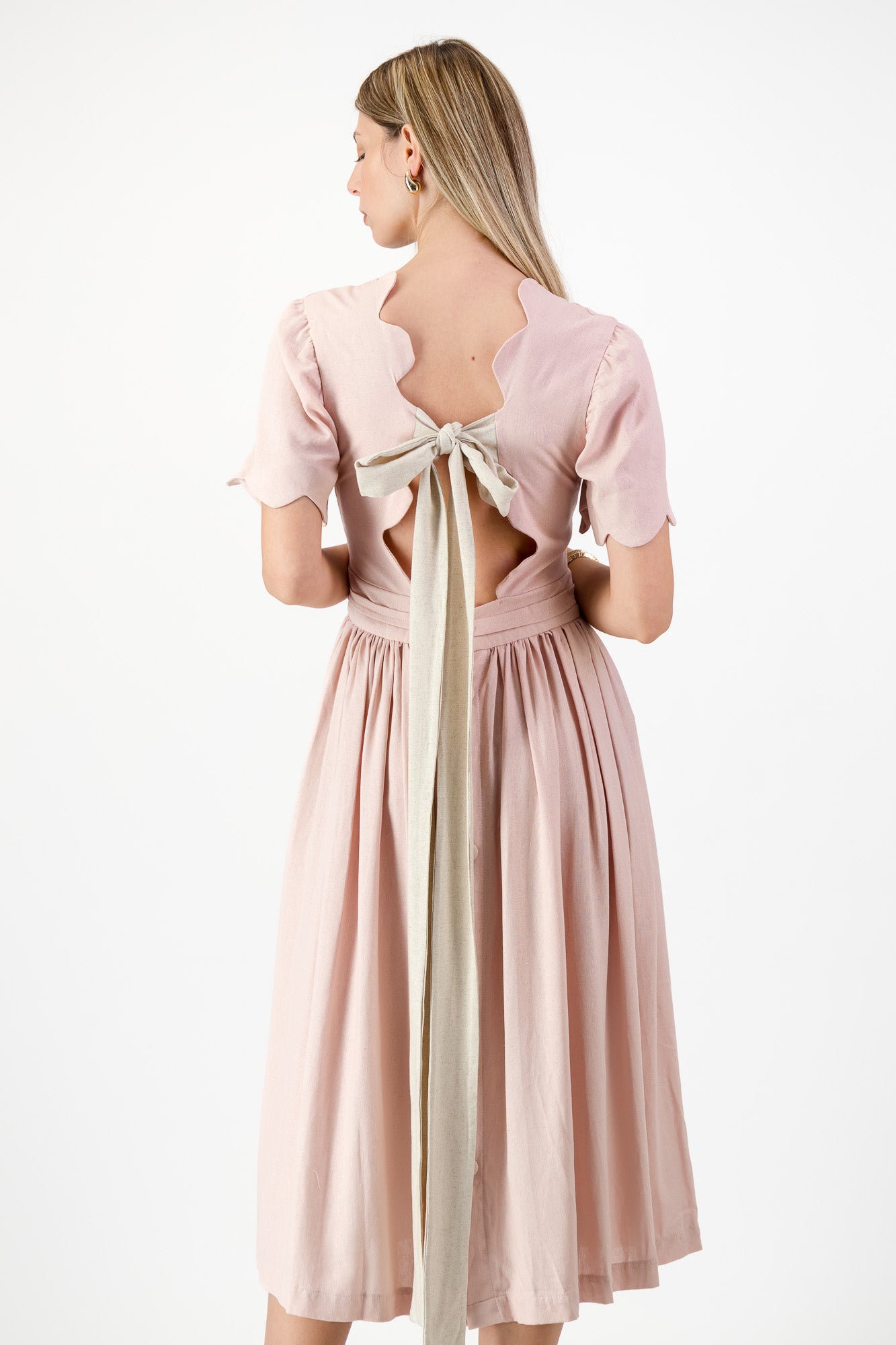 Peach Wisp Scallop Open Back Dress — Blush Peach with Oatmeal Tie