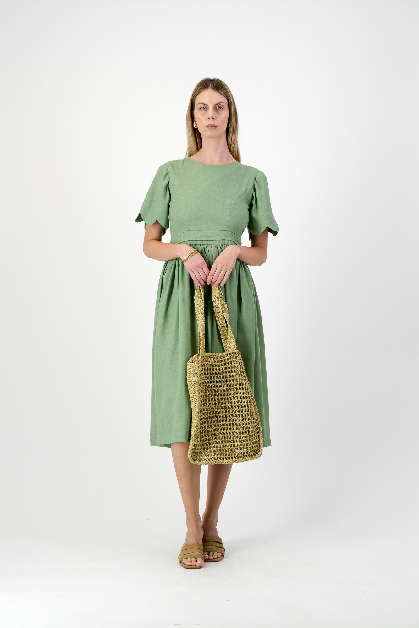Wild Olive Open Back Scallop Dress — Olive Green with Oatmeal Tie