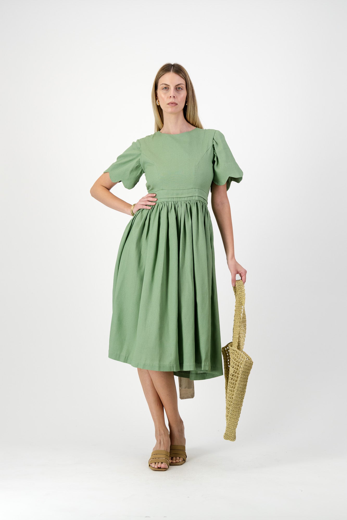Wild Olive Open Back Scallop Dress — Olive Green with Oatmeal Tie