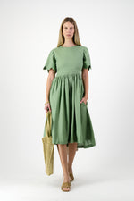 Wild Olive Open Back Scallop Dress — Olive Green with Oatmeal Tie