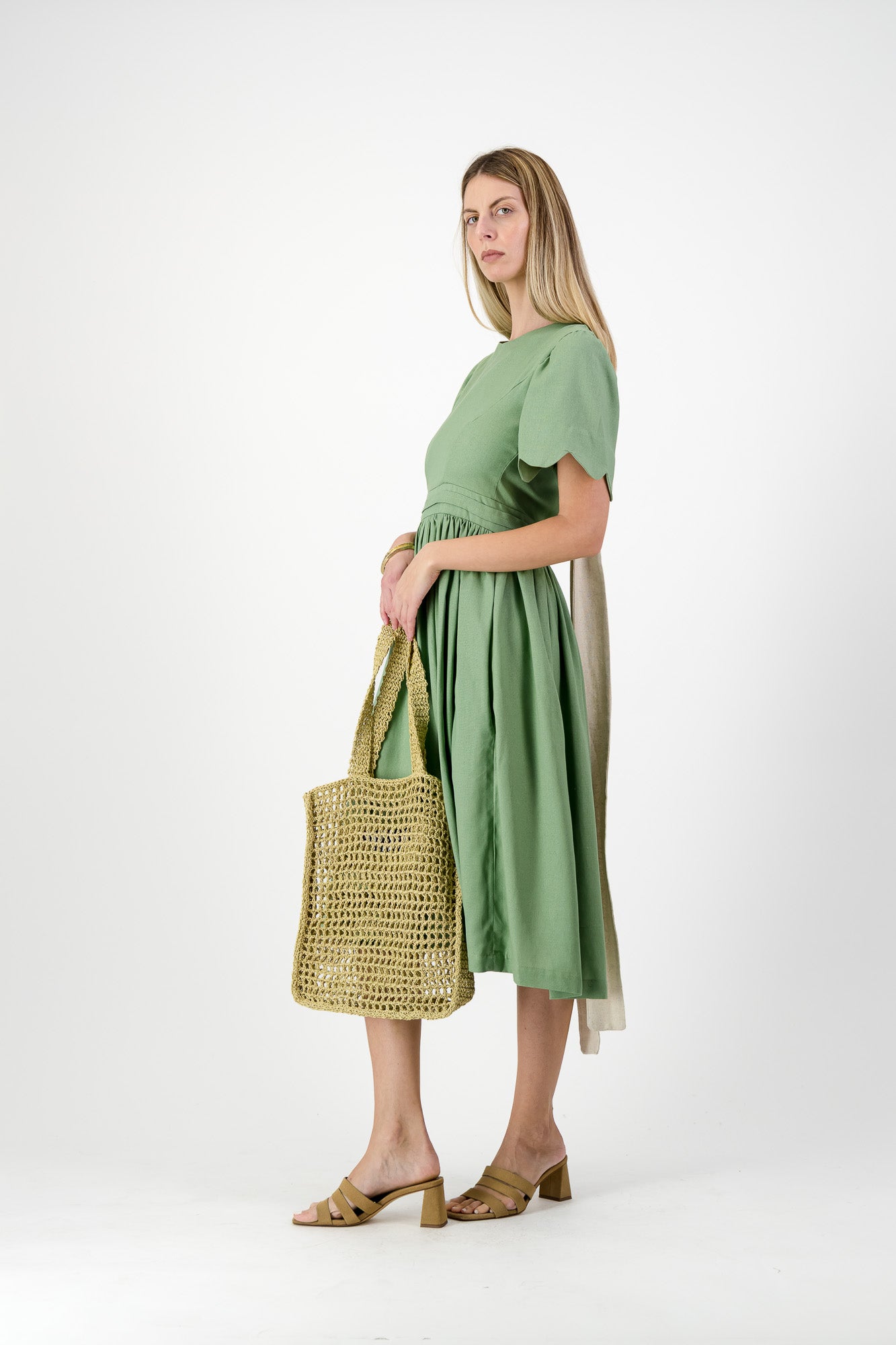 Wild Olive Open Back Scallop Dress — Olive Green with Oatmeal Tie