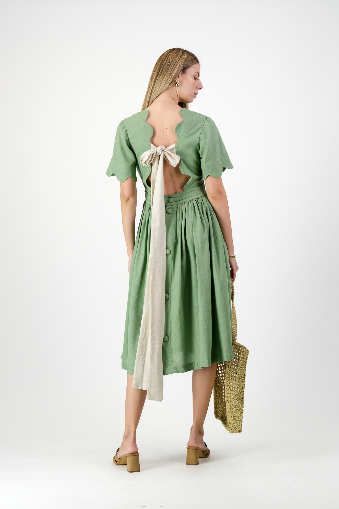 Wild Olive Open Back Scallop Dress — Olive Green with Oatmeal Tie