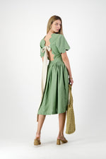 Wild Olive Open Back Scallop Dress — Olive Green with Oatmeal Tie