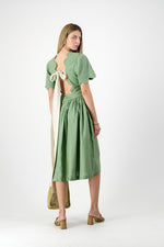 Wild Olive Open Back Scallop Dress — Olive Green with Oatmeal Tie