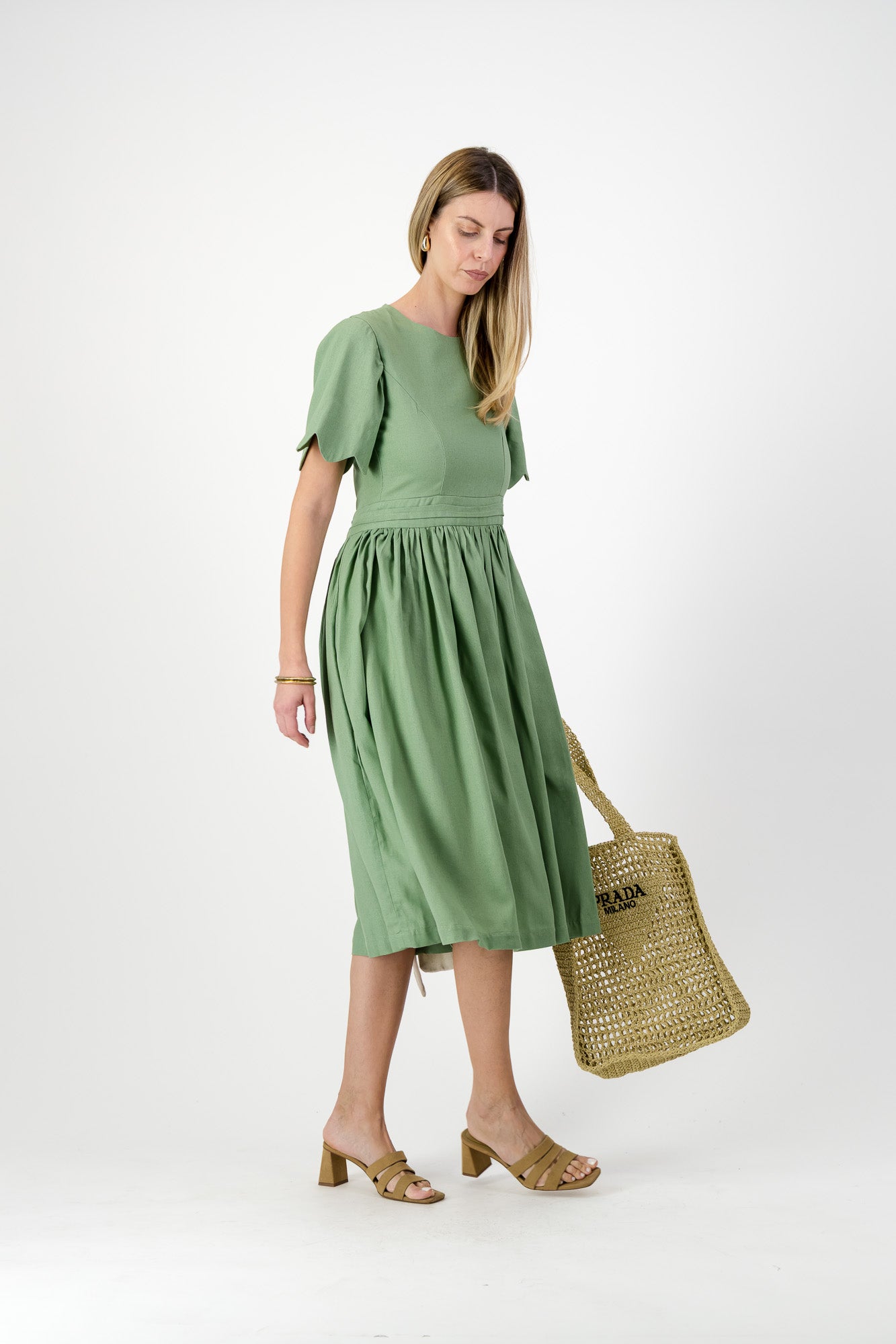 Wild Olive Open Back Scallop Dress — Olive Green with Oatmeal Tie