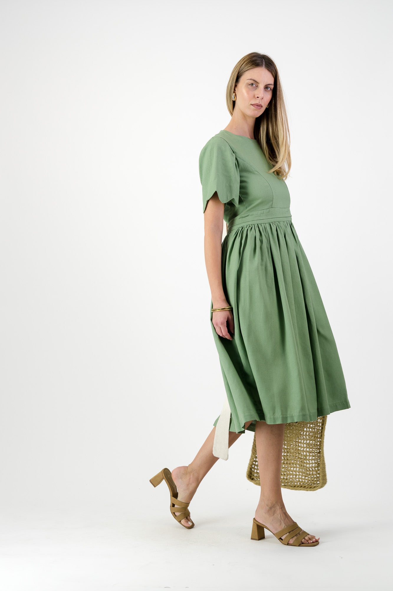 Wild Olive Open Back Scallop Dress — Olive Green with Oatmeal Tie