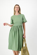 Wild Olive Open Back Scallop Dress — Olive Green with Oatmeal Tie