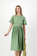 Wild Olive Open Back Scallop Dress — Olive Green with Oatmeal Tie