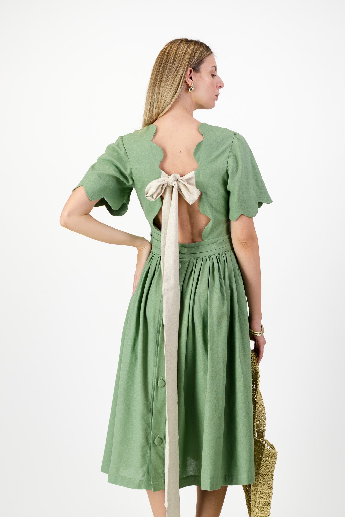 Wild Olive Open Back Scallop Dress — Olive Green with Oatmeal Tie