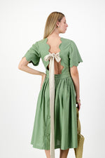 Wild Olive Open Back Scallop Dress — Olive Green with Oatmeal Tie