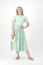 Morning Mist Closed Back Dress — Pistachio with Oatmeal Tie