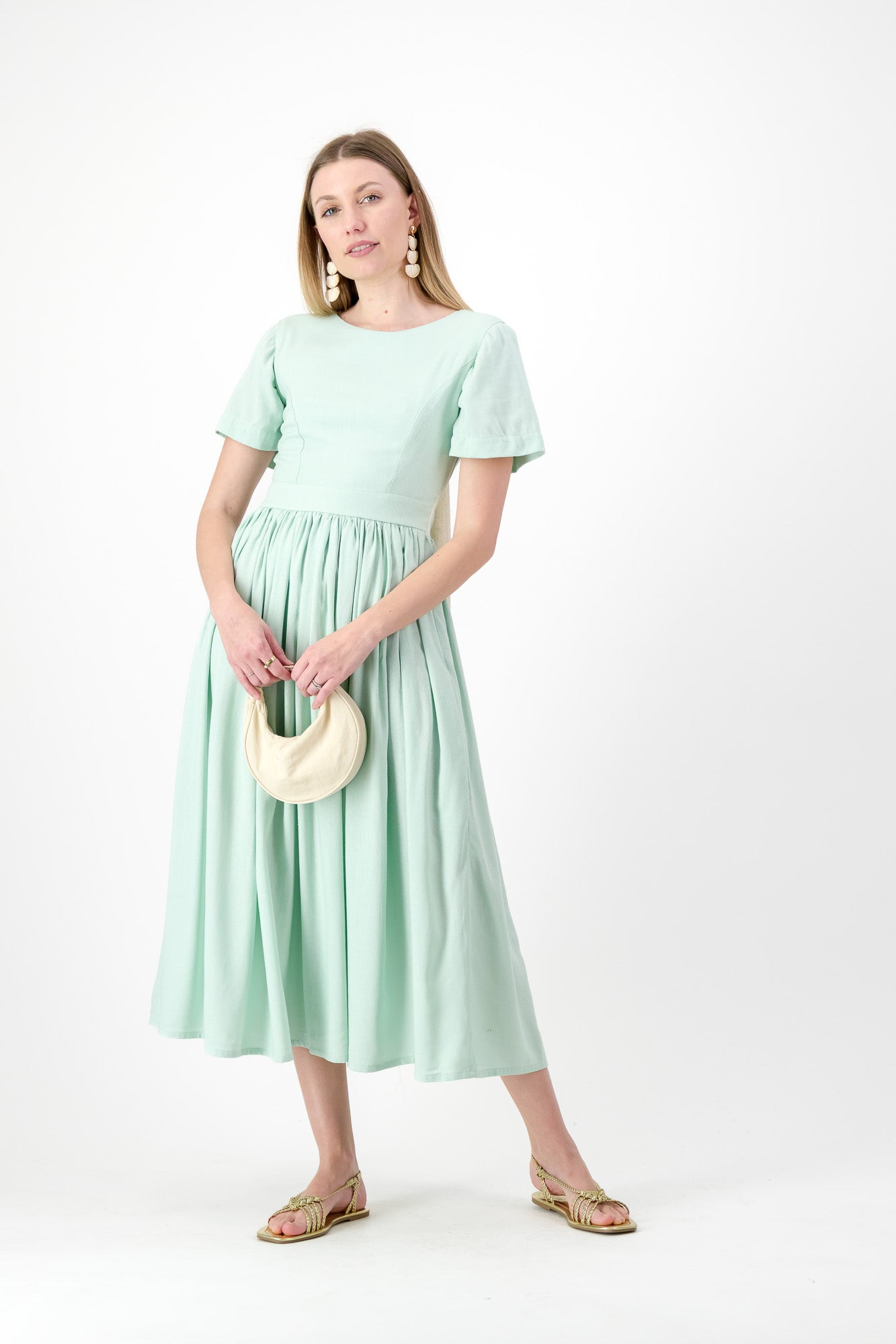 Morning Mist Closed Back Dress — Pistachio with Oatmeal Tie