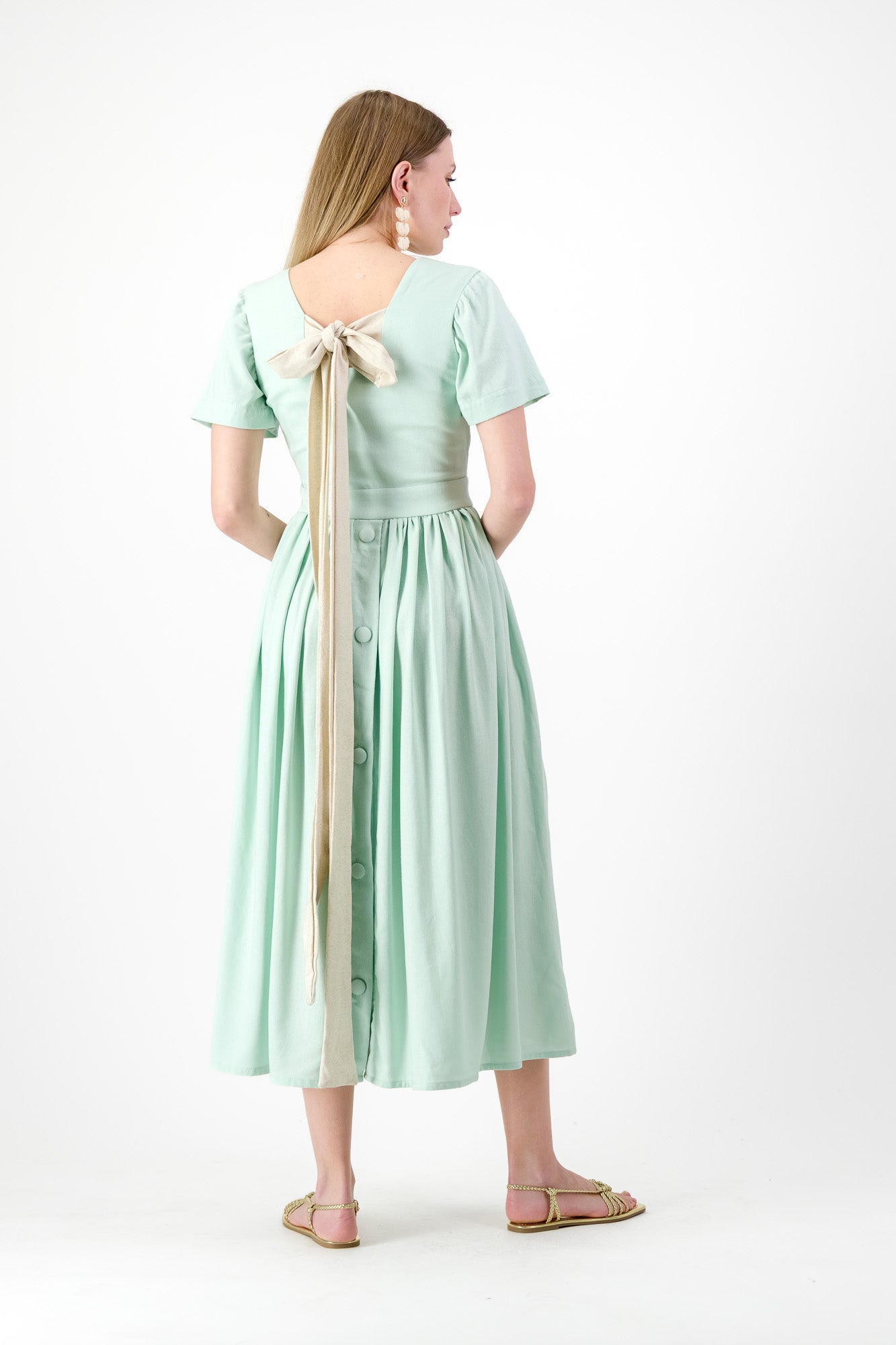 Morning Mist Closed Back Dress — Pistachio with Oatmeal Tie