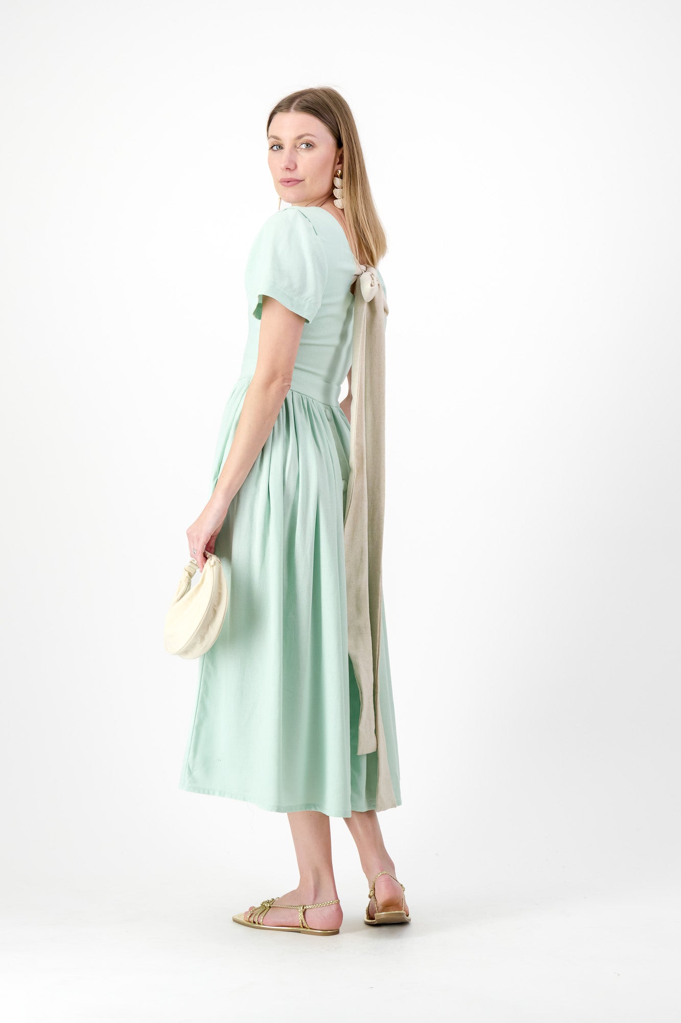 Morning Mist Closed Back Dress — Pistachio with Oatmeal Tie