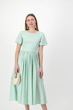 Morning Mist Closed Back Dress — Pistachio with Oatmeal Tie