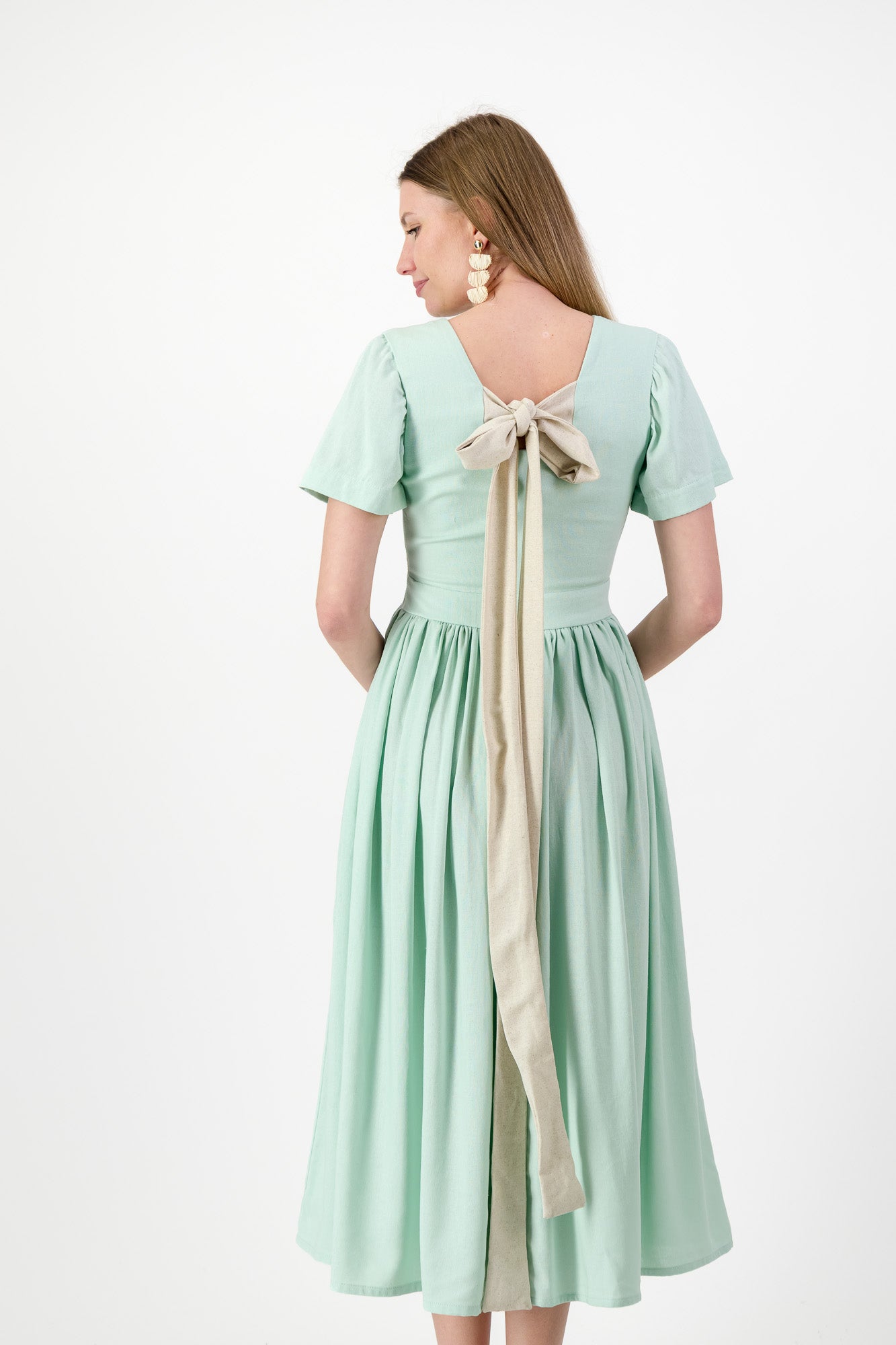Morning Mist Closed Back Dress — Pistachio with Oatmeal Tie