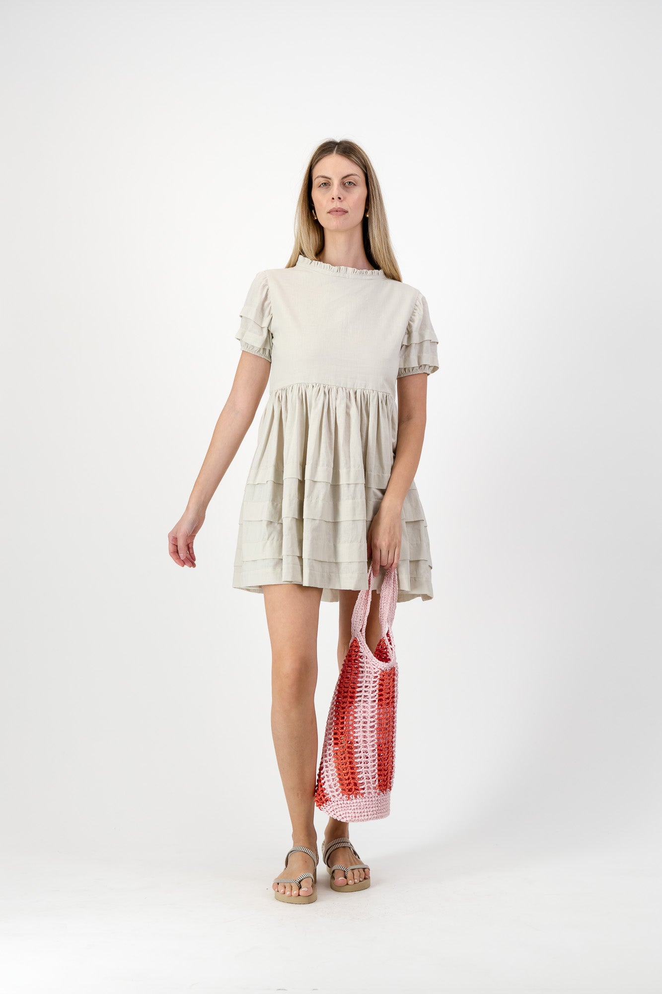 Riverstone Mini Pleat Dress — Stone Cotton Linen