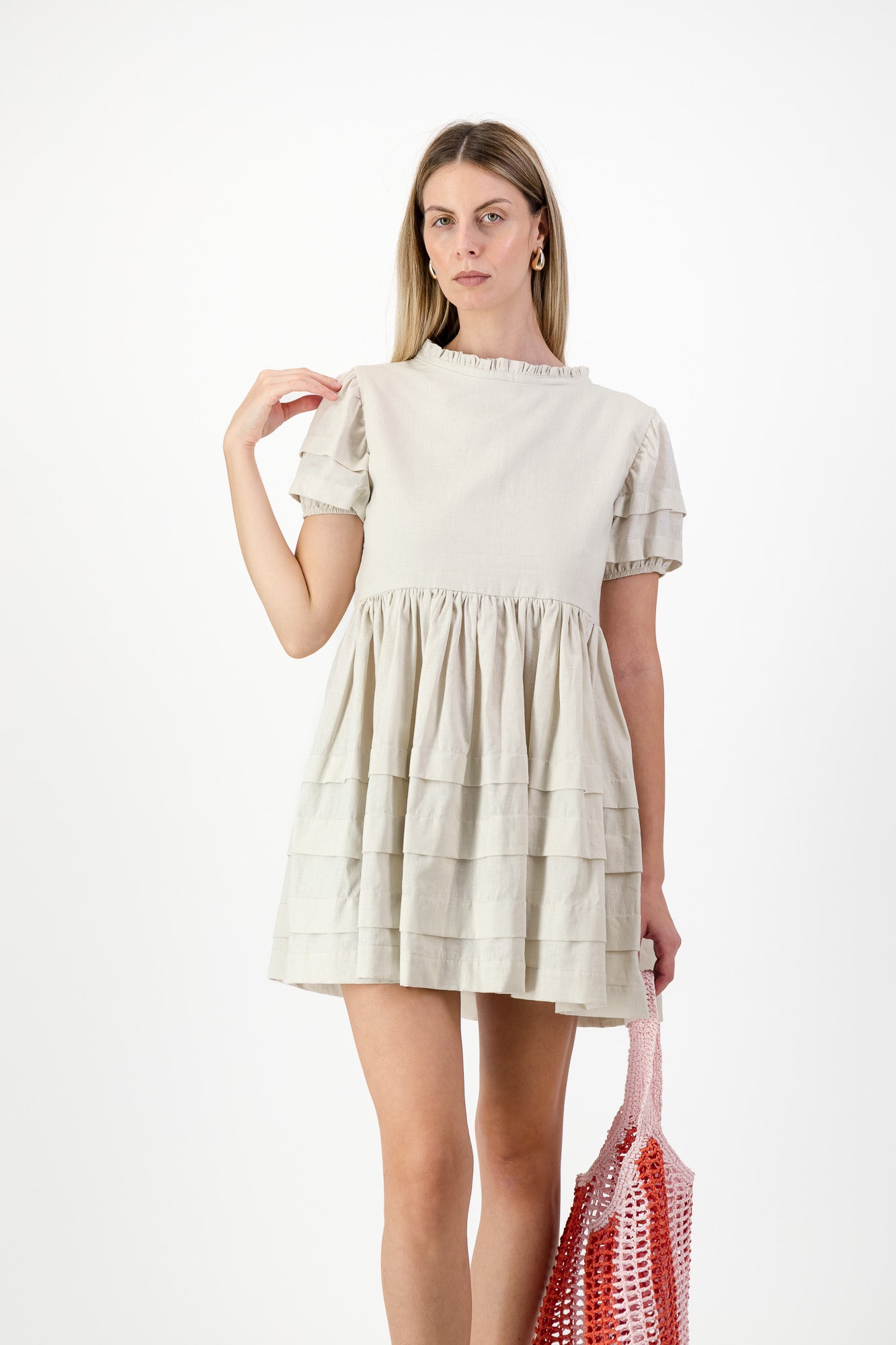 Riverstone Mini Pleat Dress — Stone Cotton Linen