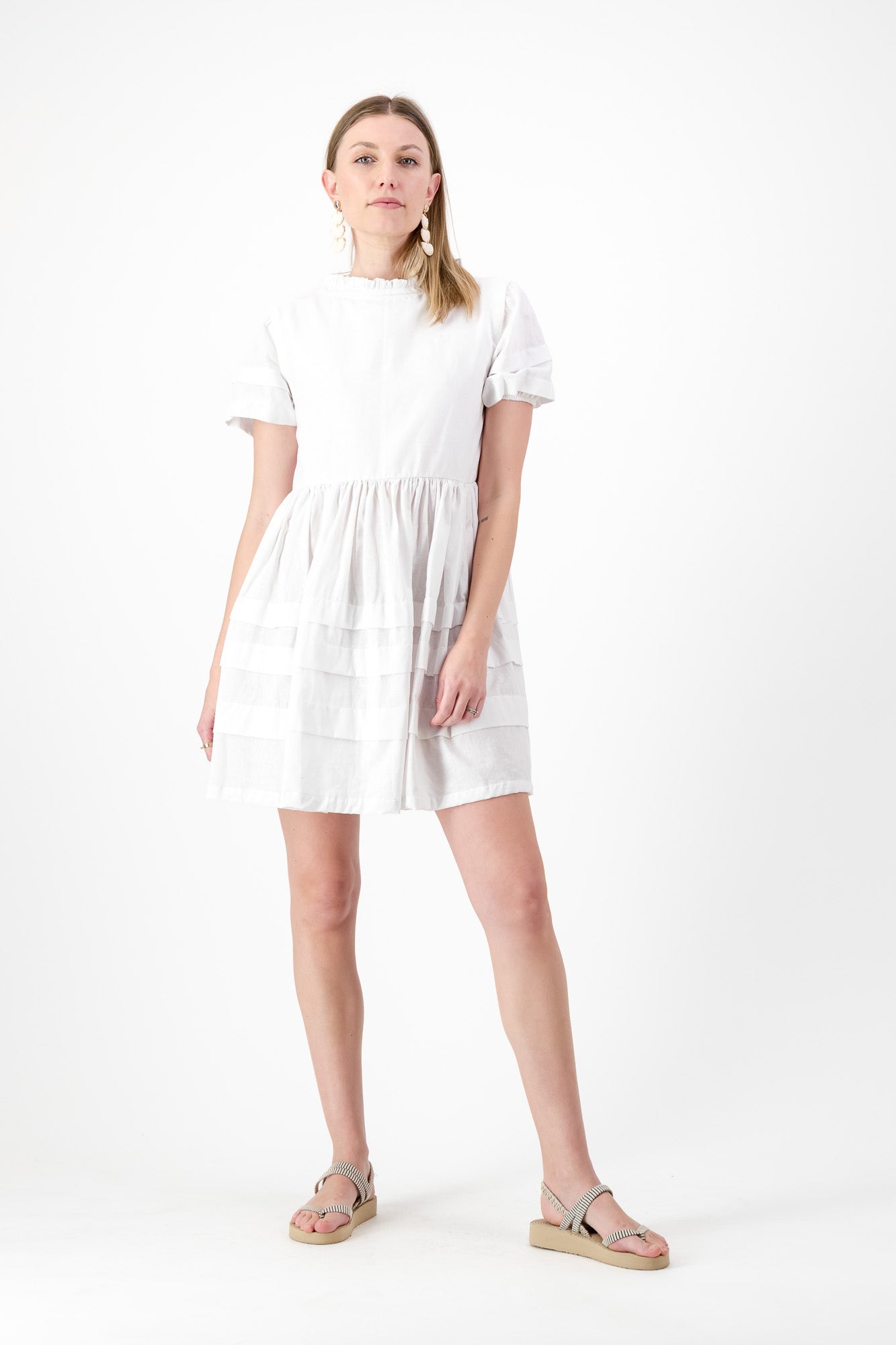 Cloudlight Mini Pleat Dress — White Cotton Linen