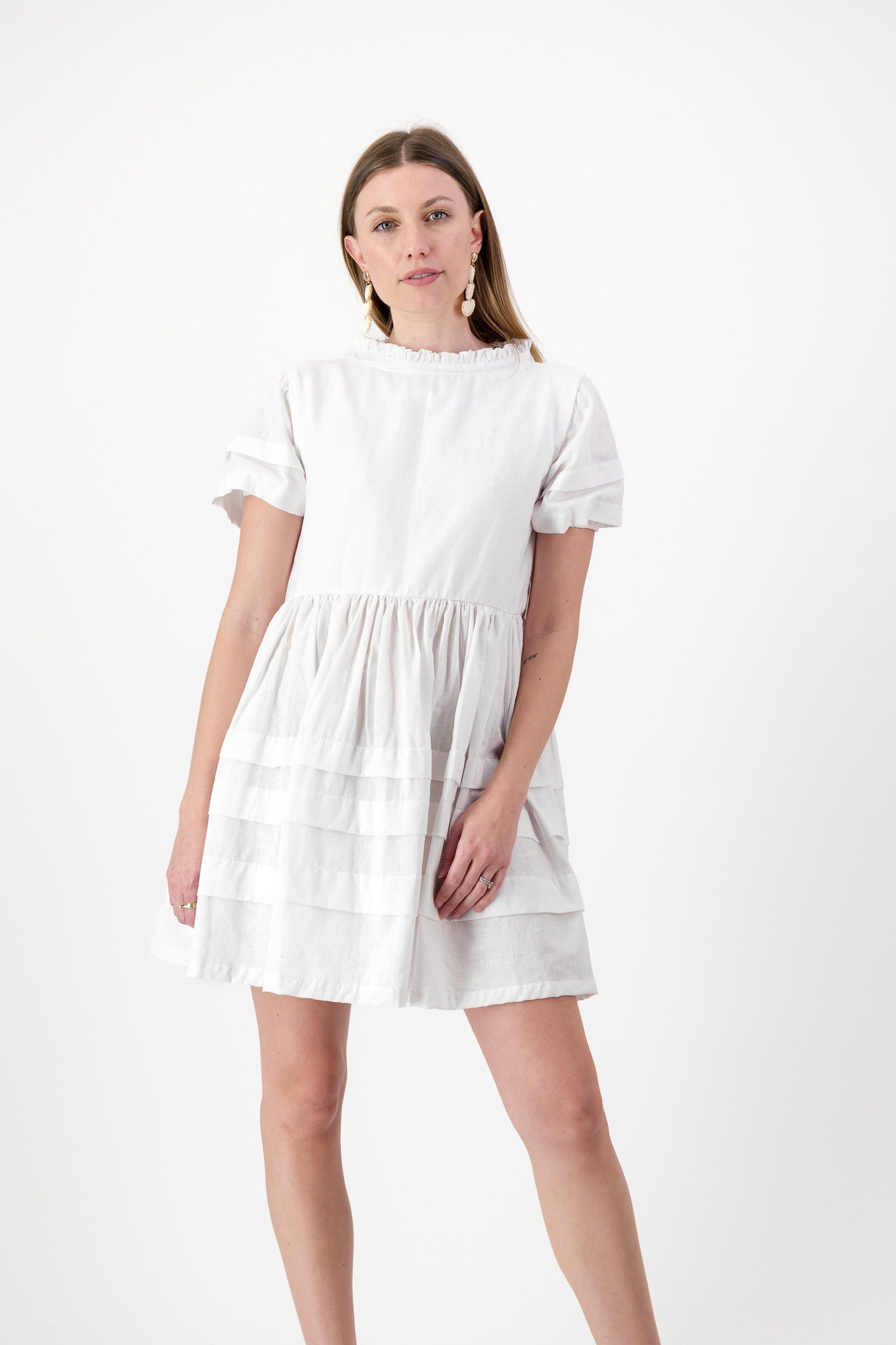 Cloudlight Mini Pleat Dress — White Cotton Linen