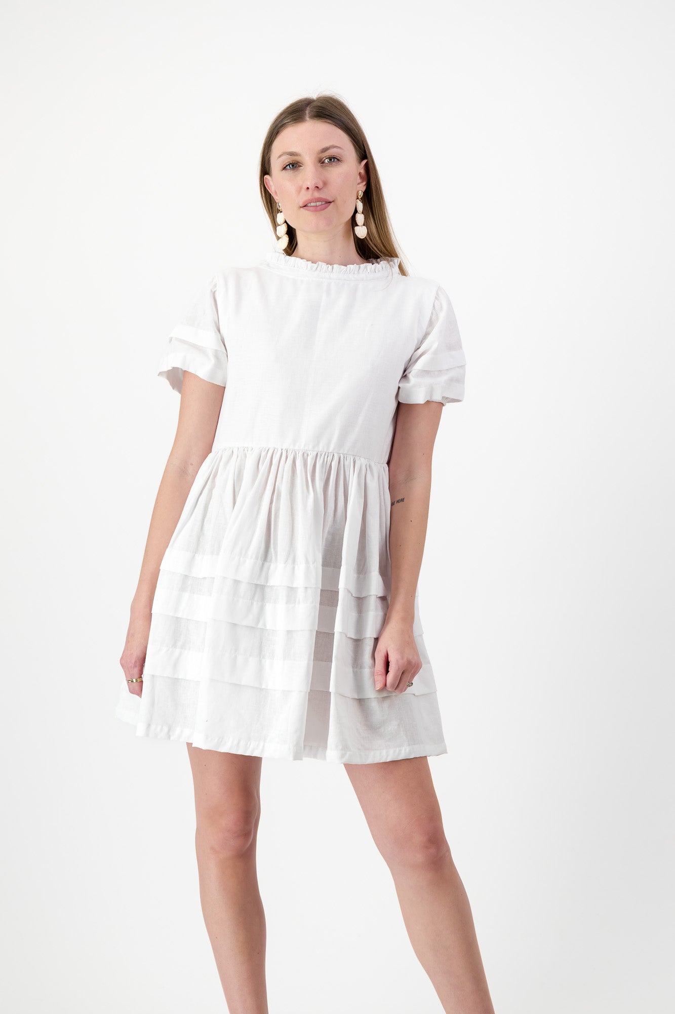 Cloudlight Mini Pleat Dress — White Cotton Linen