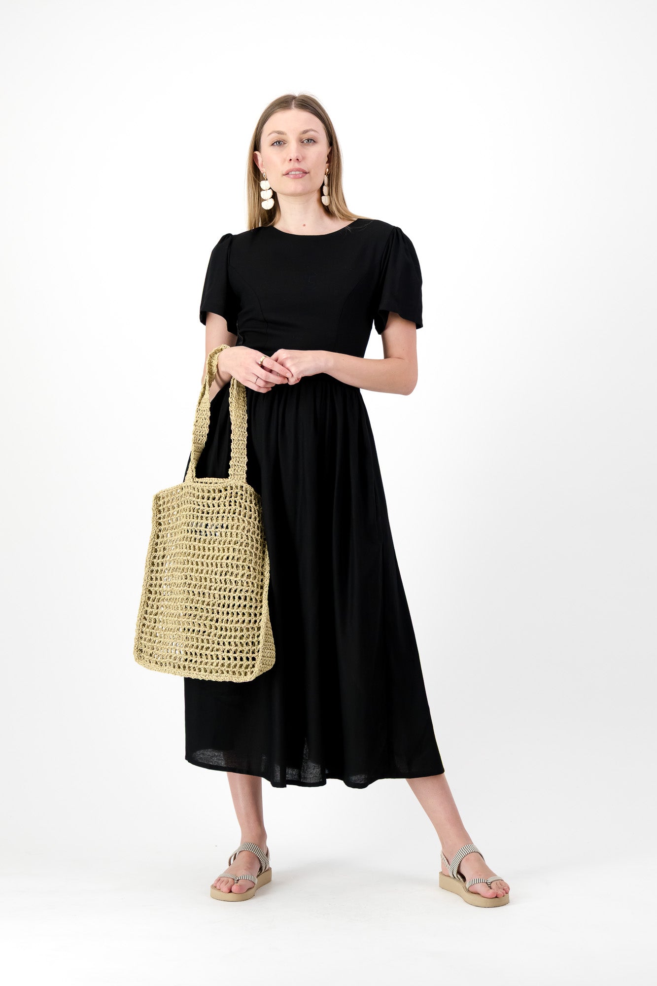 Midnight Poise Closed Back Dress — Black with Oatmeal Tie