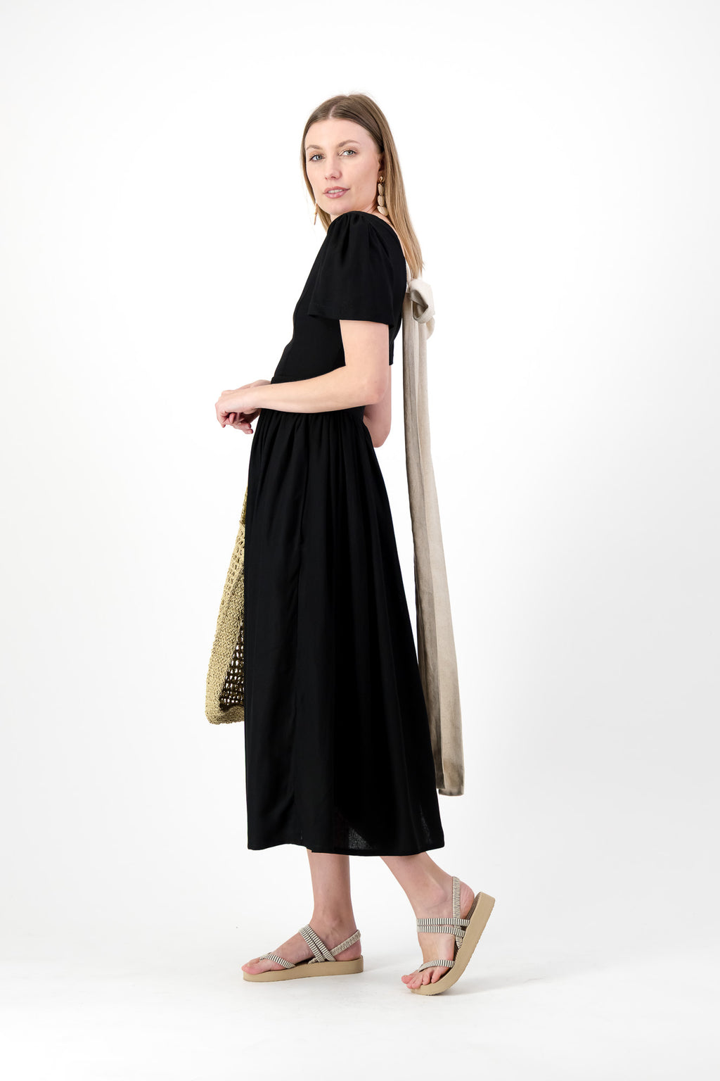 Midnight Poise Closed Back Dress — Black with Oatmeal Tie