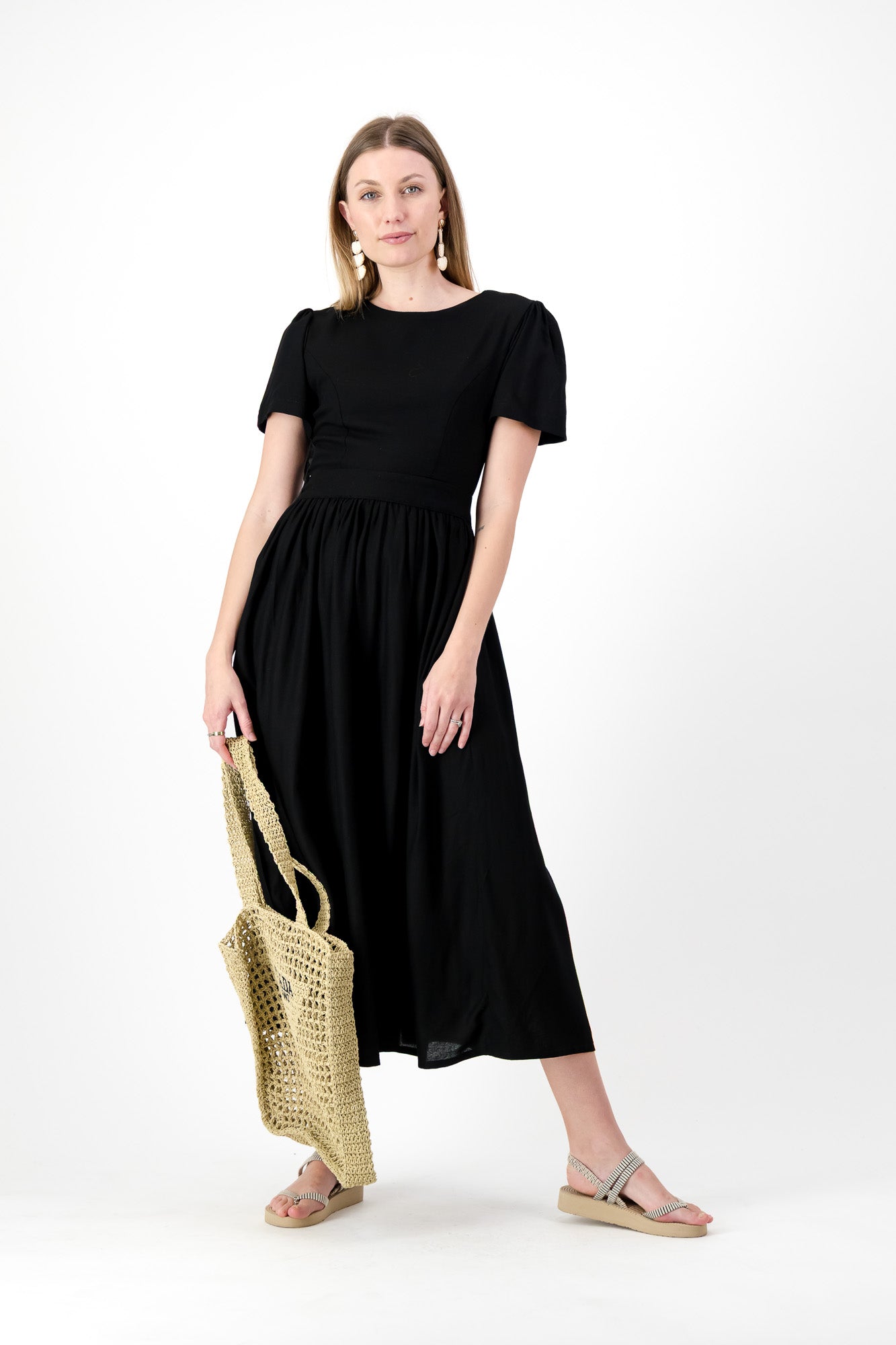 Midnight Poise Closed Back Dress — Black with Oatmeal Tie