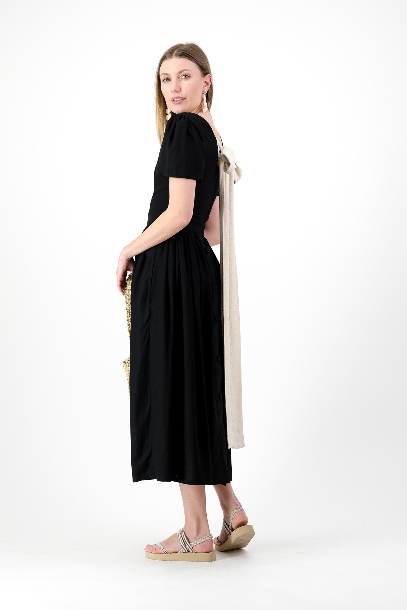 Midnight Poise Closed Back Dress — Black with Oatmeal Tie
