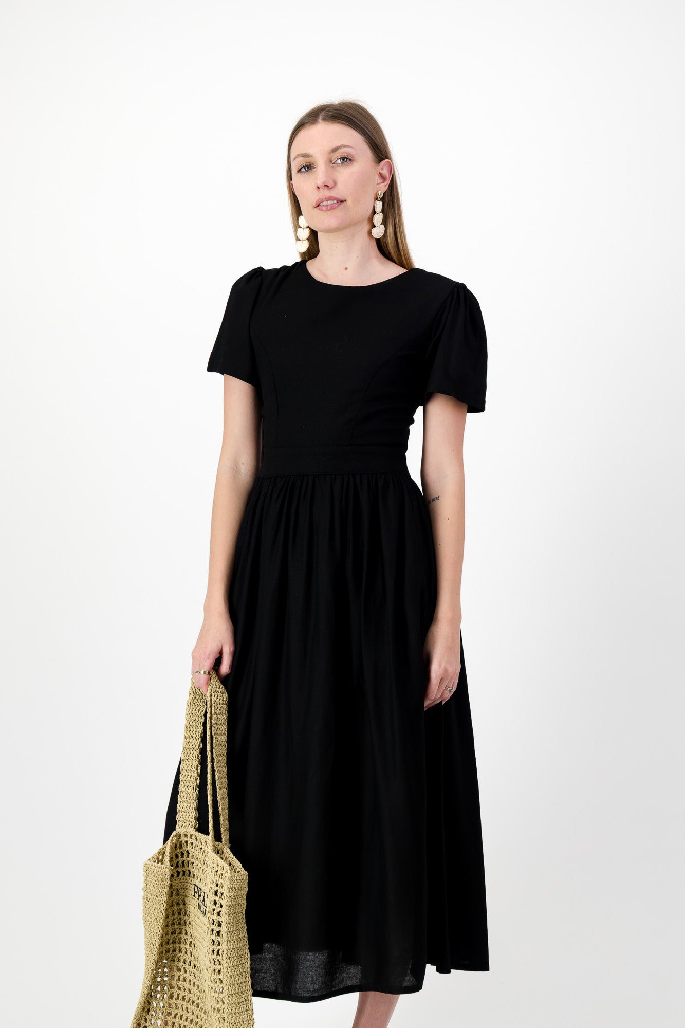 Midnight Poise Closed Back Dress — Black with Oatmeal Tie