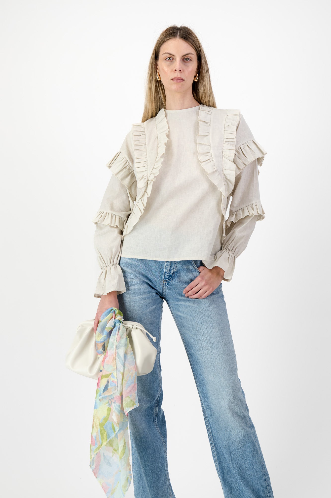 Fleurstone Frill Top — Stone Cotton Linen