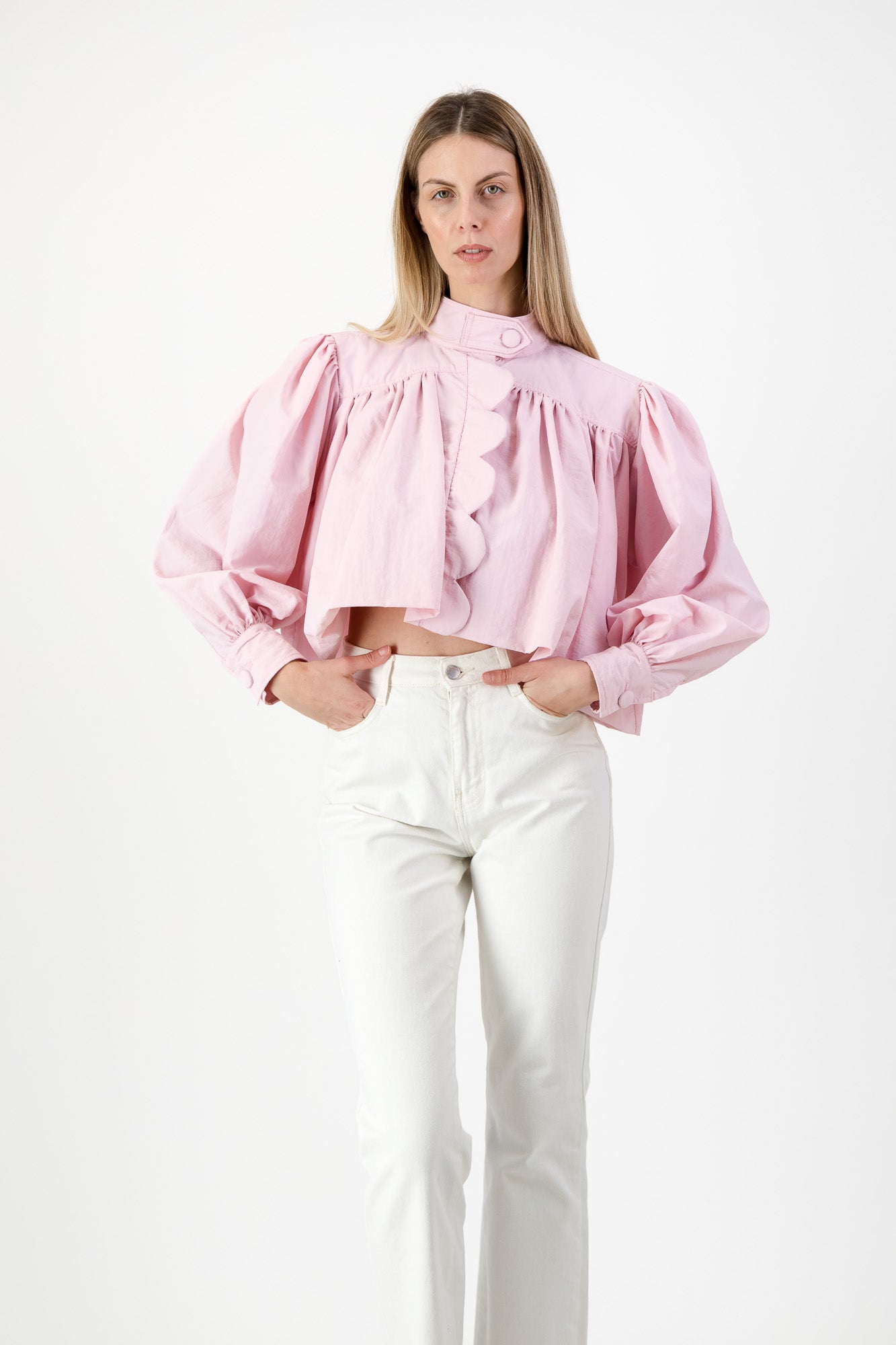 PRE-ORDER Petal Edge Scallop Jacket — Light Pink Cropped