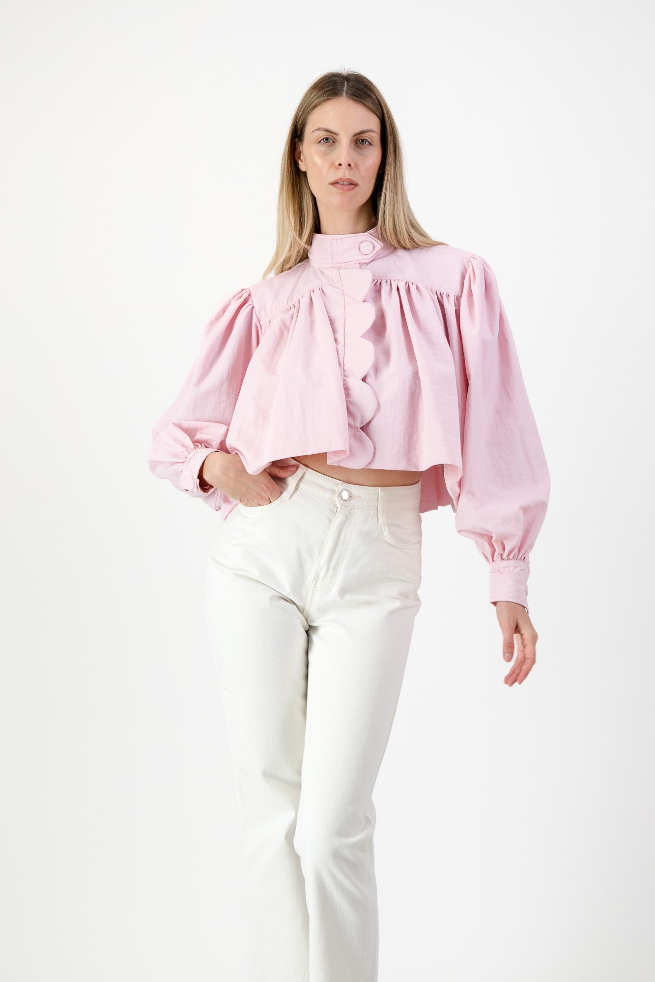 PRE-ORDER Petal Edge Scallop Jacket — Light Pink Cropped