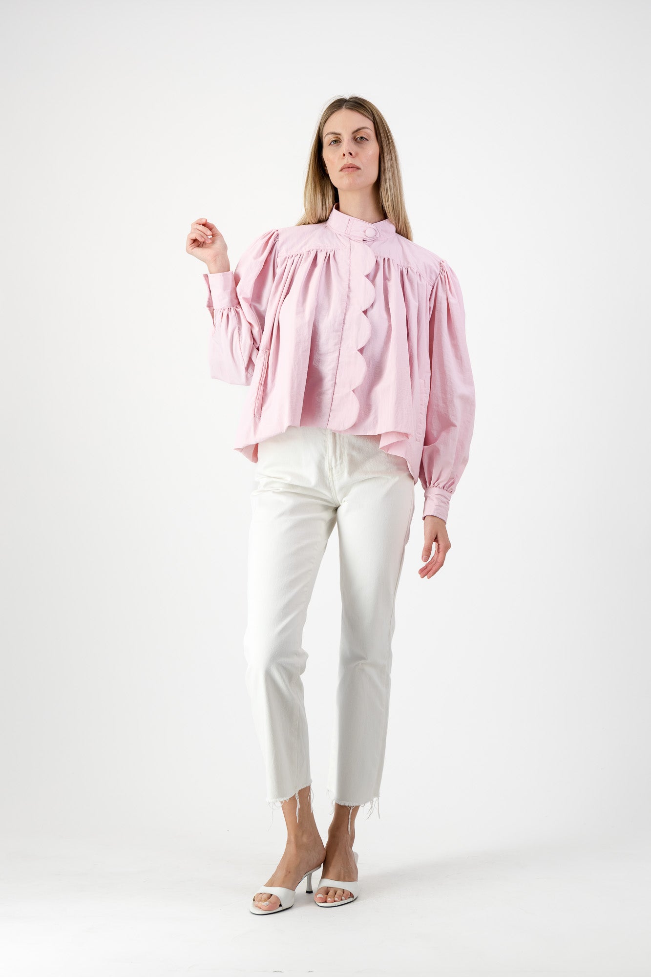 PRE-ORDER Petal Edge Scallop Jacket — Light Pink Mid Length