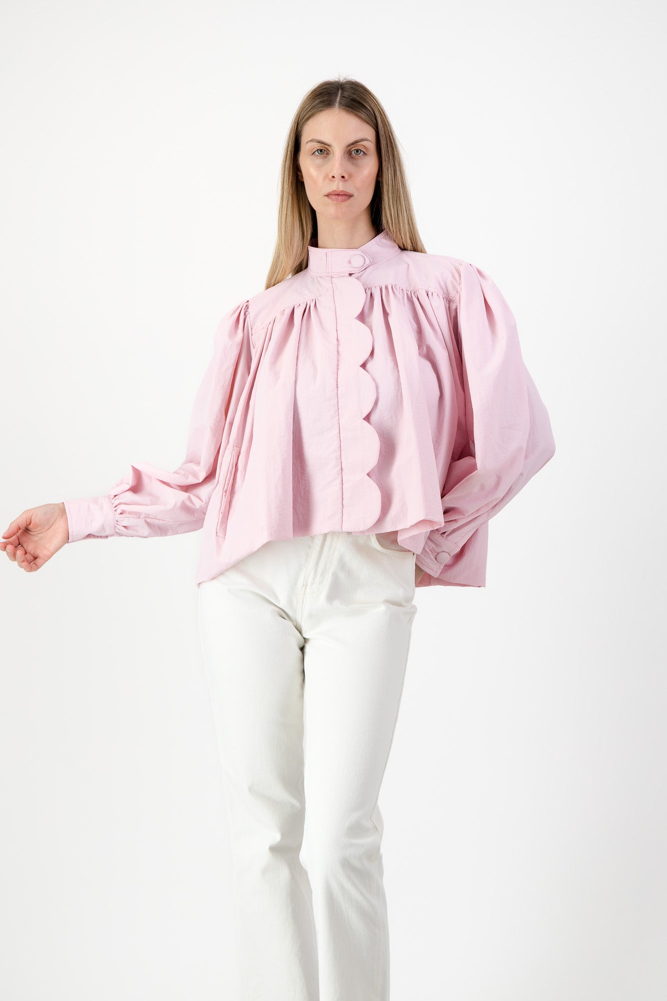 PRE-ORDER Petal Edge Scallop Jacket — Light Pink Mid Length