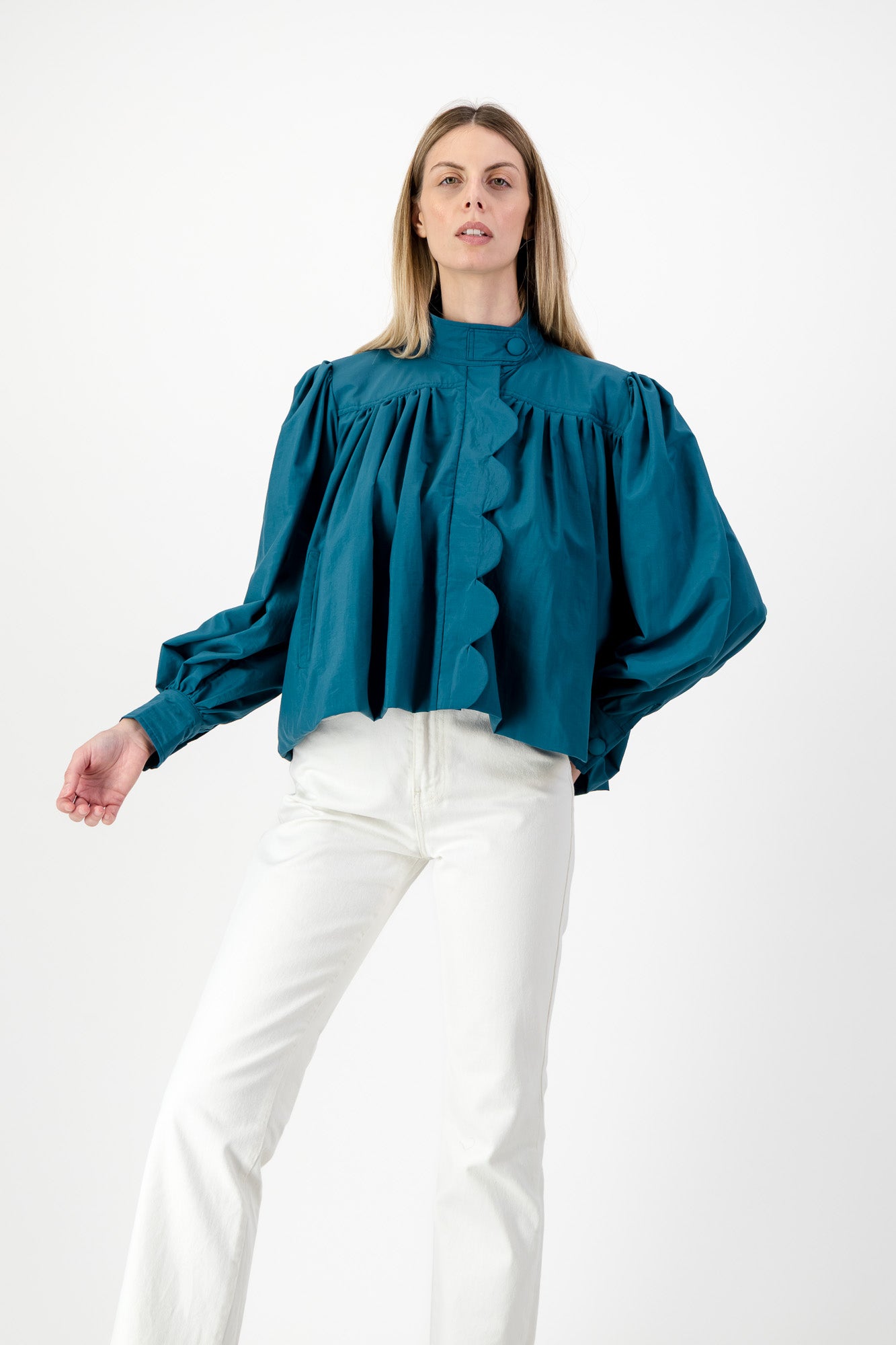 PRE-ORDER Azure Crest Scallop Jacket — Teal Mid Length