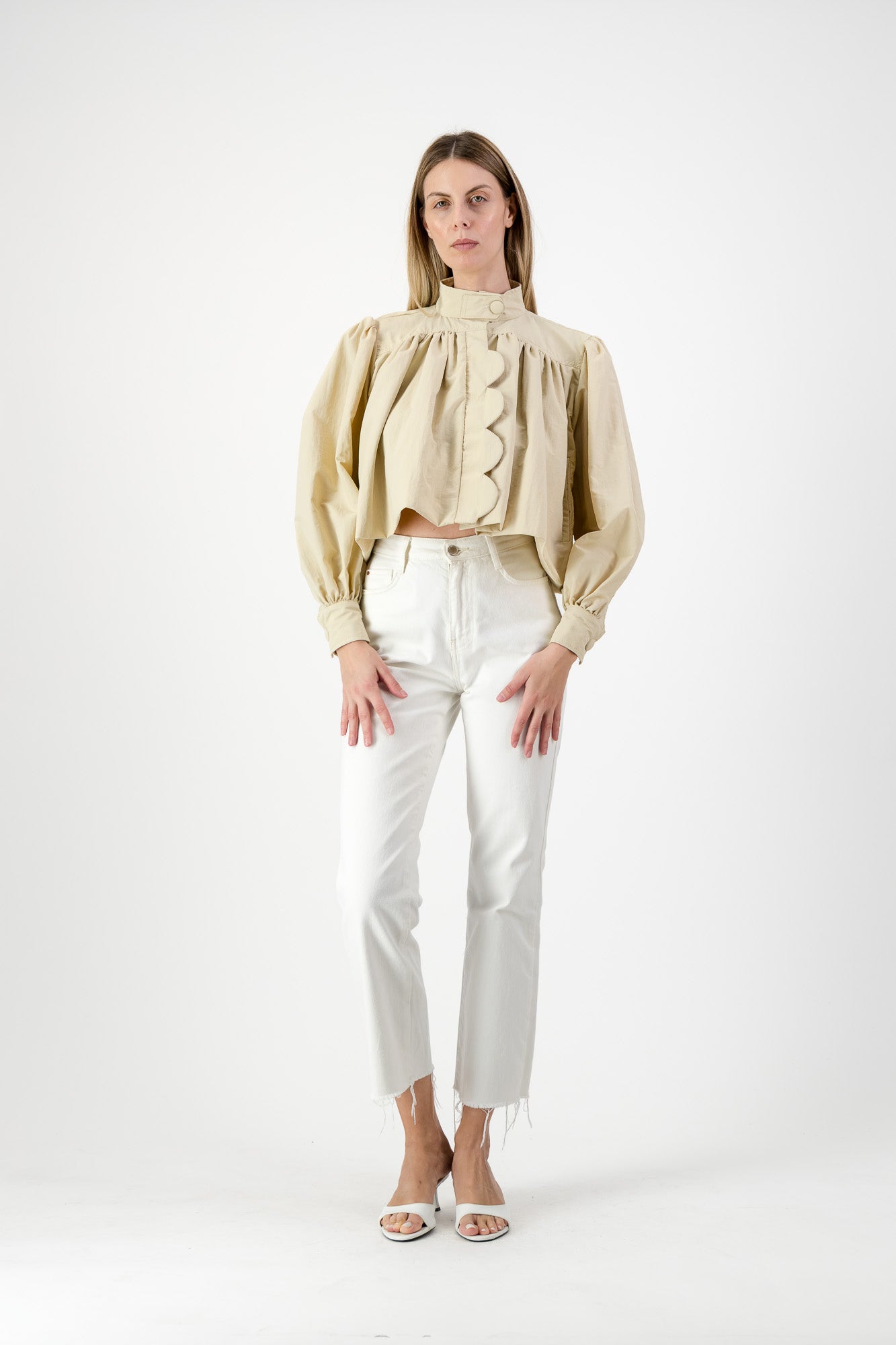 PRE-ORDER Drifted Solace Scallop Jacket — Light Stone Cropped length