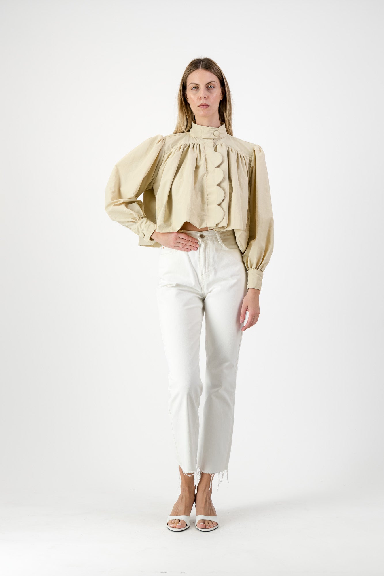 PRE-ORDER Drifted Solace Scallop Jacket — Light Stone Cropped length