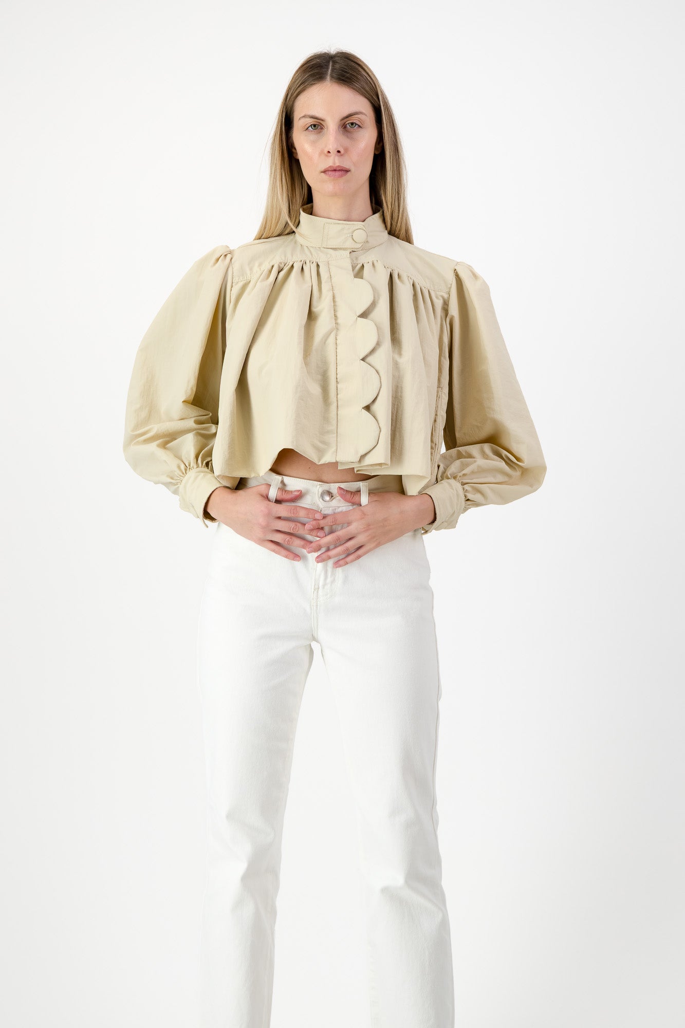 PRE-ORDER Drifted Solace Scallop Jacket — Light Stone Cropped length