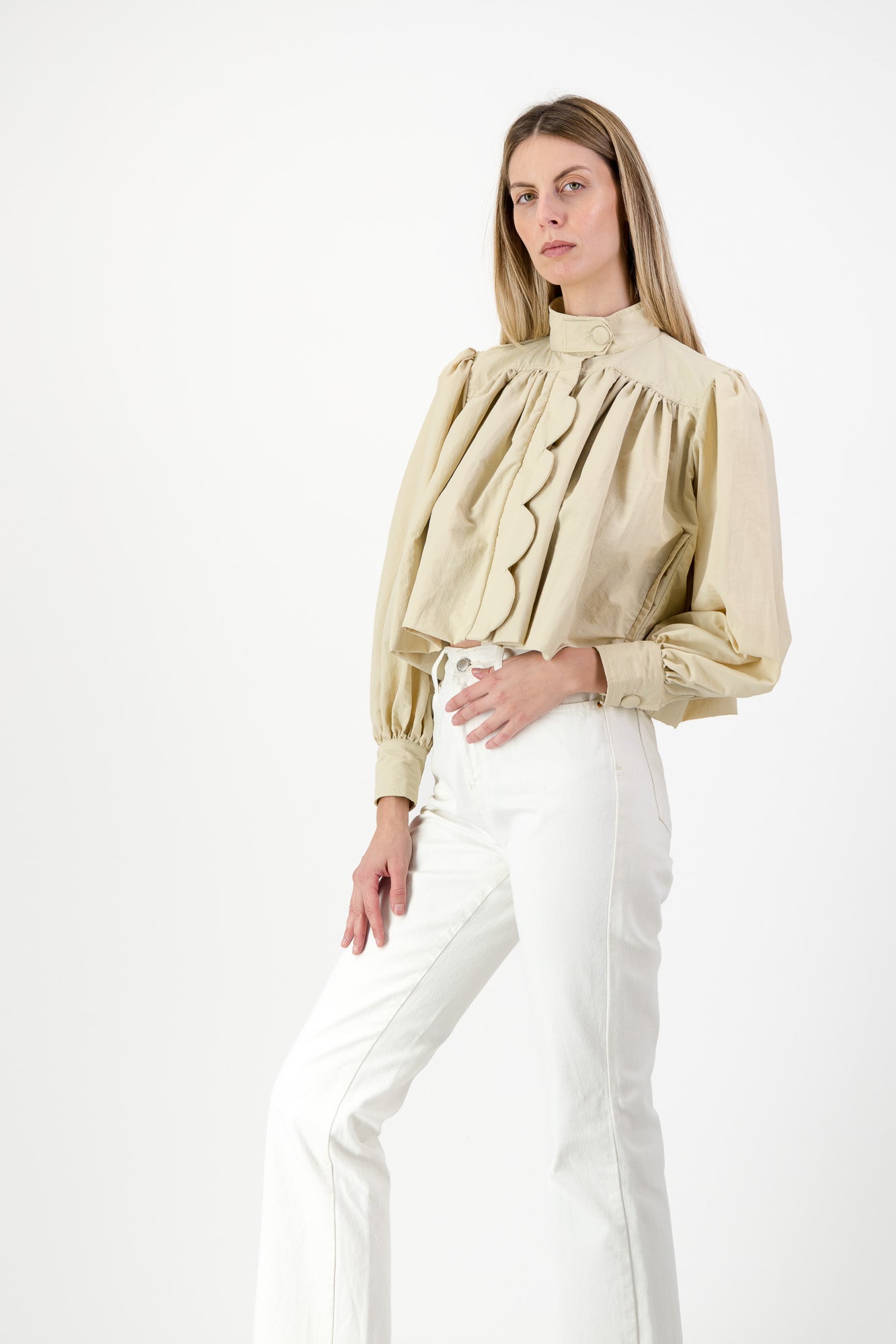 PRE-ORDER Drifted Solace Scallop Jacket — Light Stone Cropped length