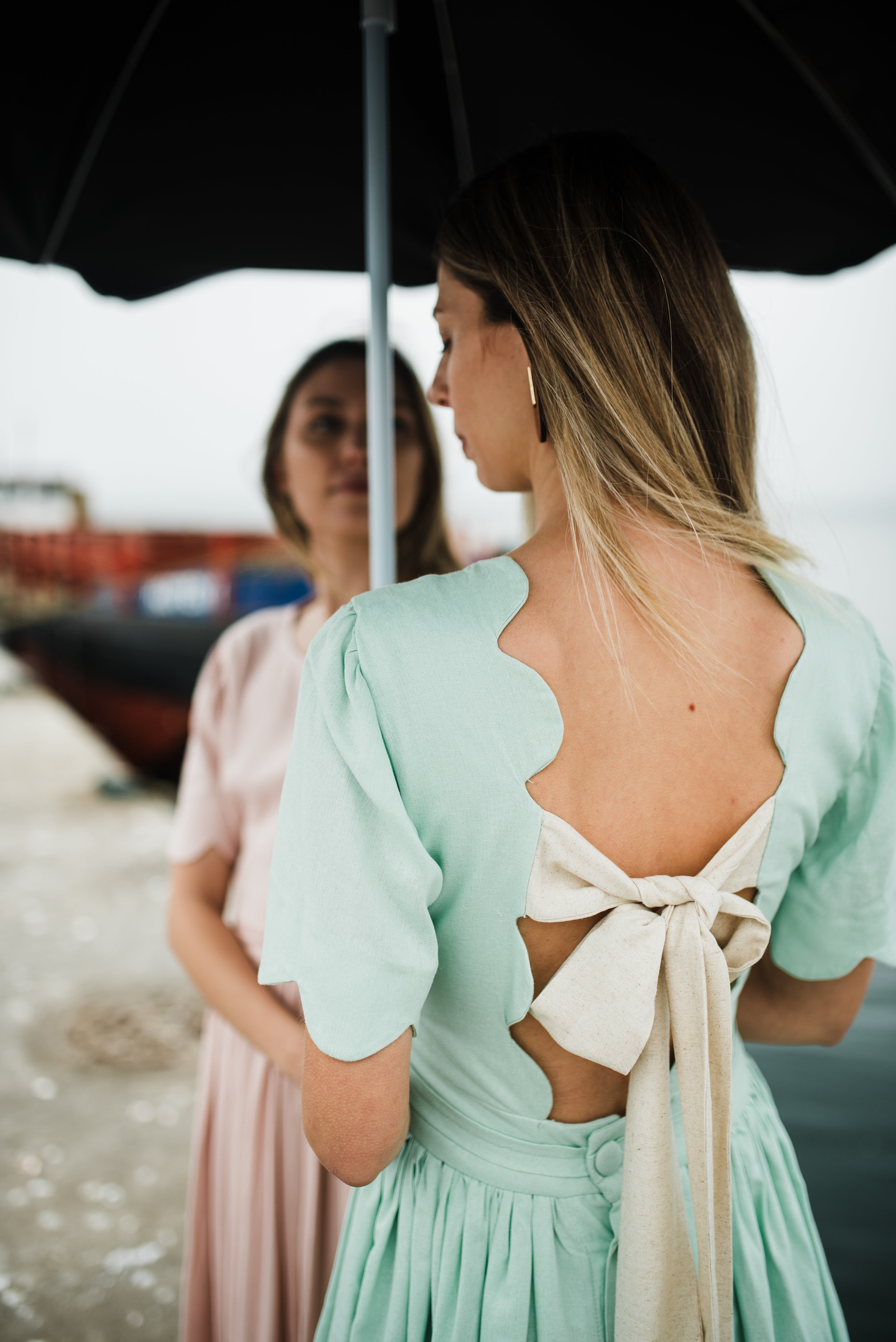 Mint Whisper Scallop Open Back Dress — Pistachio with Oatmeal Tie