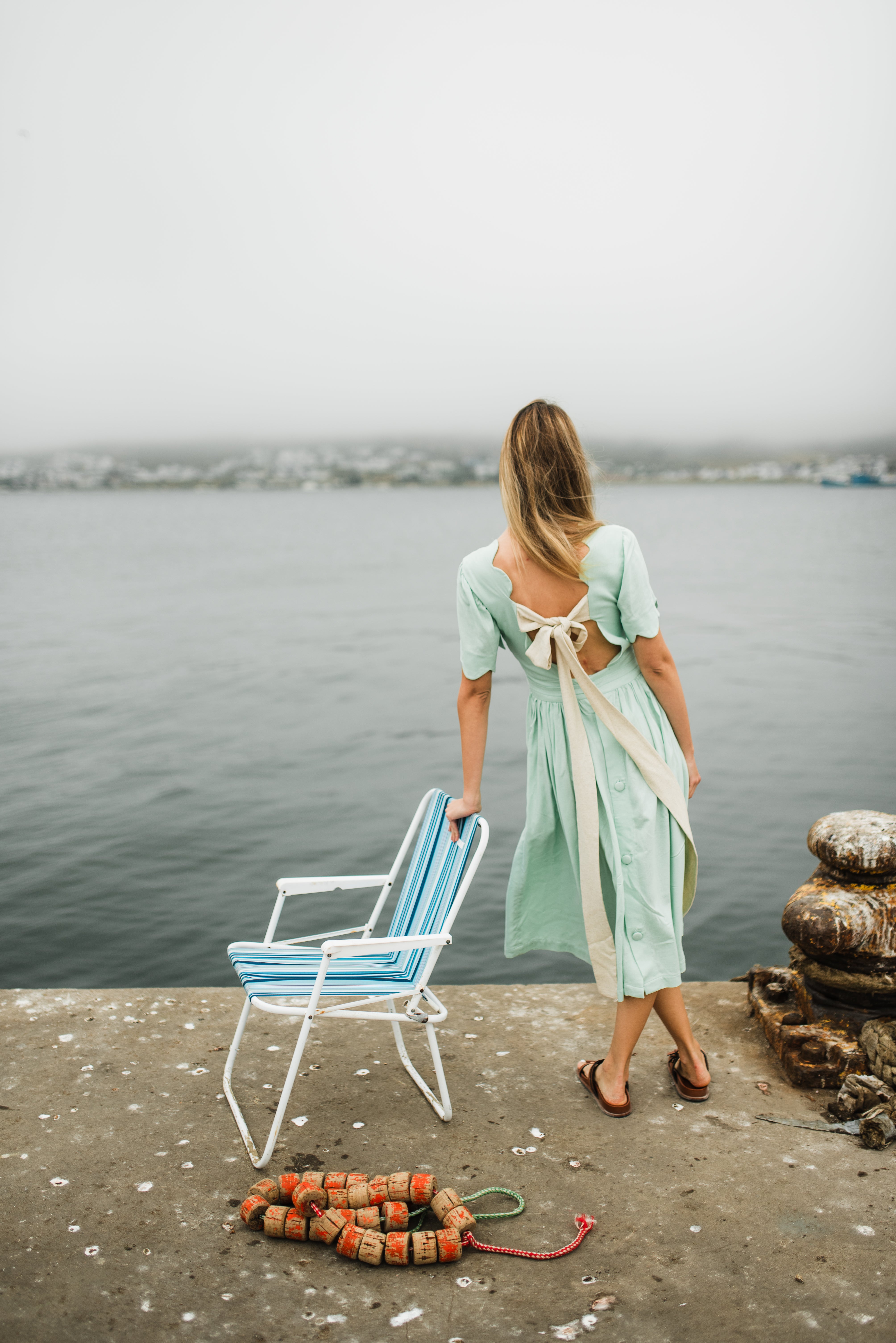 Mint Whisper Scallop Open Back Dress — Pistachio with Oatmeal Tie