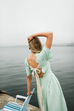 Mint Whisper Scallop Open Back Dress — Pistachio with Oatmeal Tie