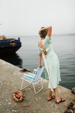 Mint Whisper Scallop Open Back Dress — Pistachio with Oatmeal Tie