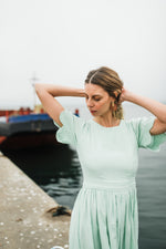 Mint Whisper Scallop Open Back Dress — Pistachio with Oatmeal Tie