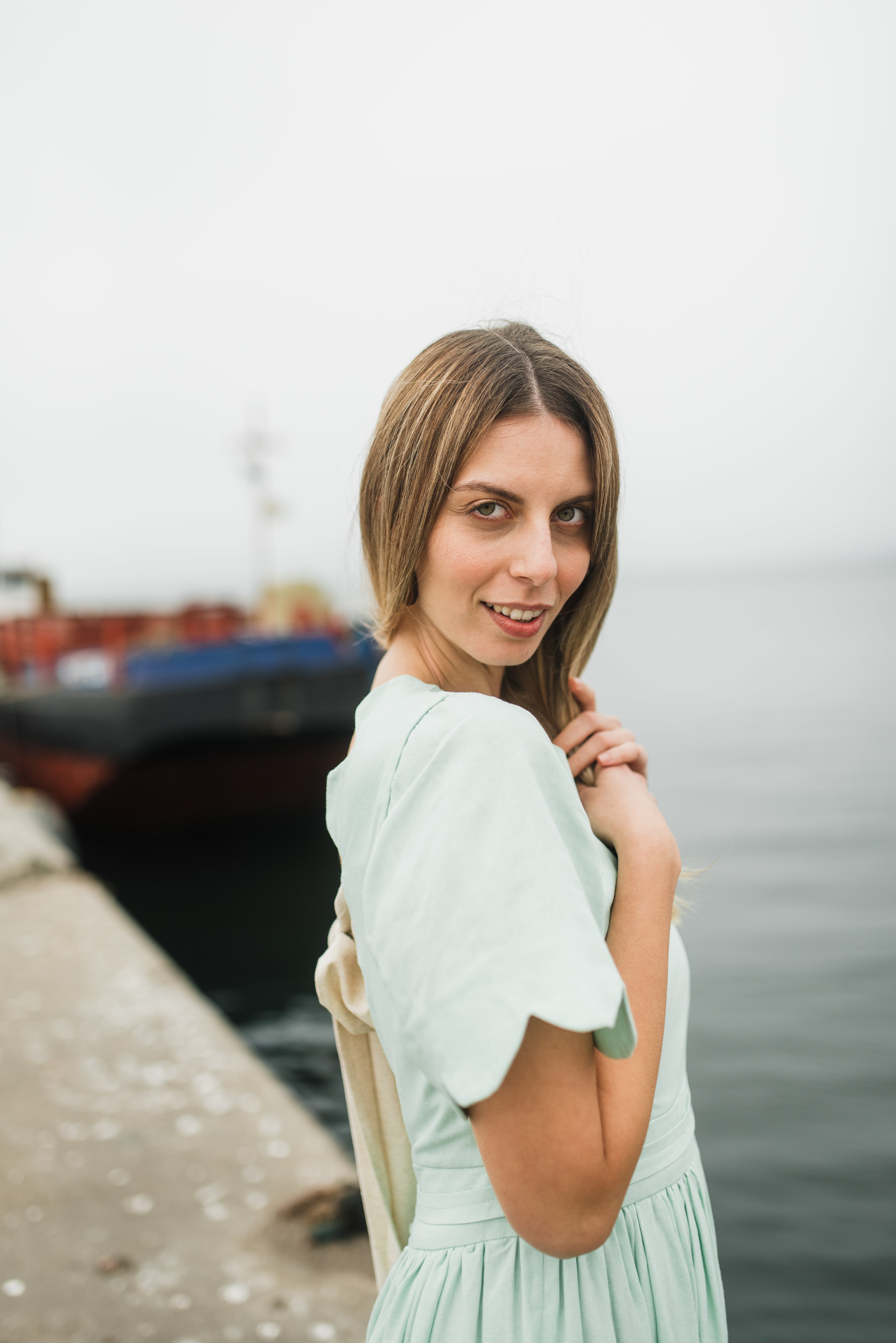 Mint Whisper Scallop Open Back Dress — Pistachio with Oatmeal Tie