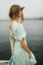 Mint Whisper Scallop Open Back Dress — Pistachio with Oatmeal Tie