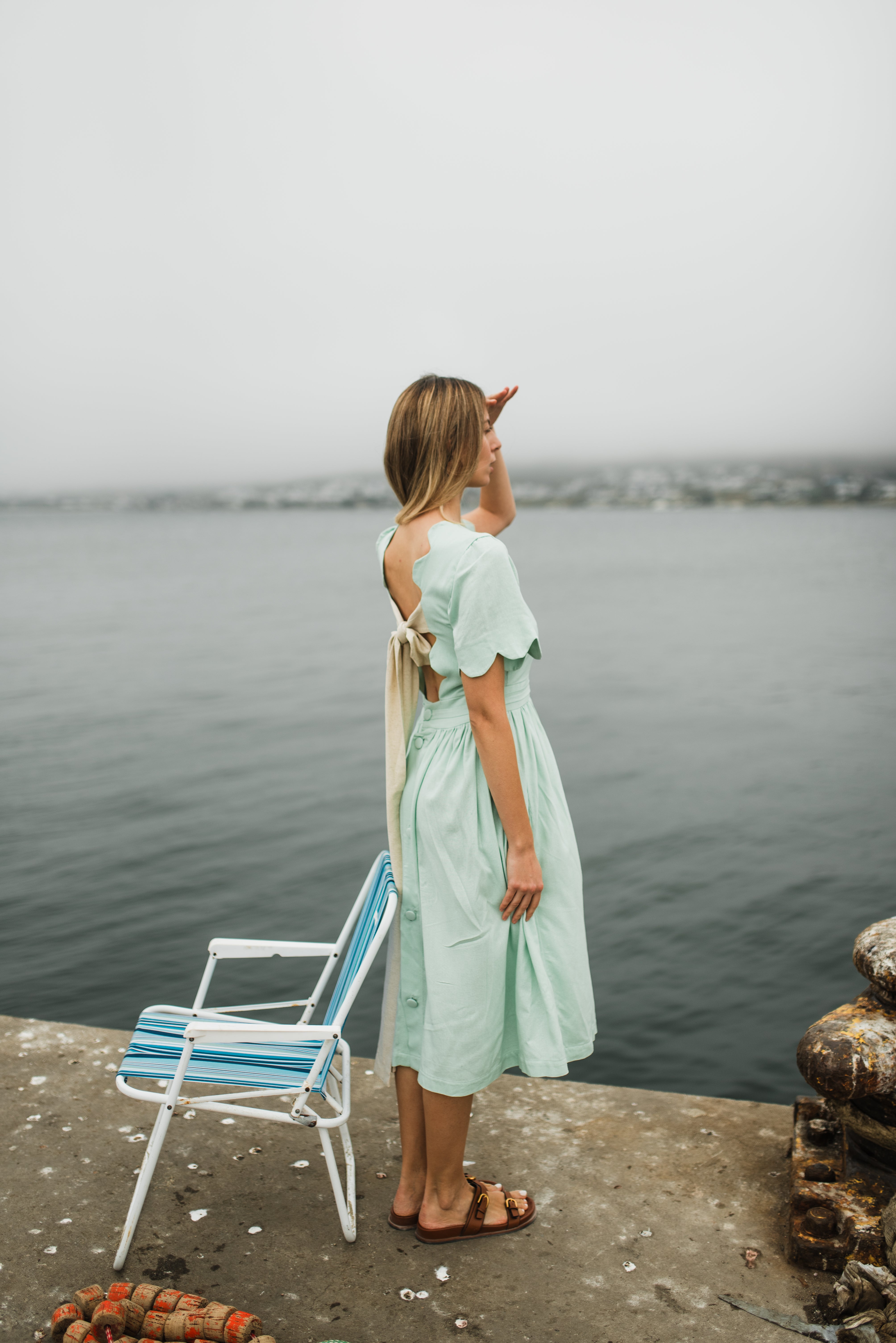 Mint Whisper Scallop Open Back Dress — Pistachio with Oatmeal Tie