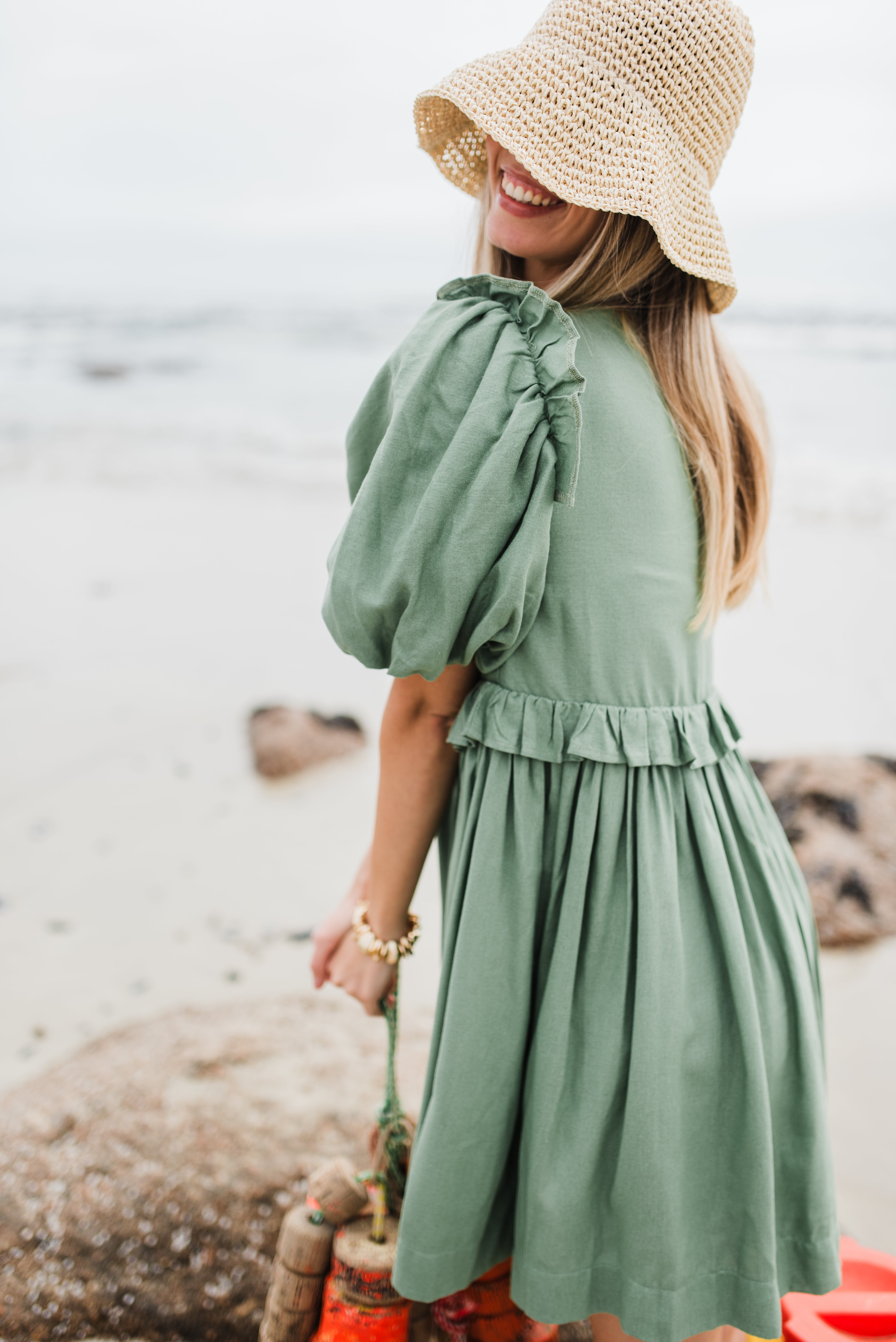 Willow Whisper Puff Sleeve Dress — Olive Green