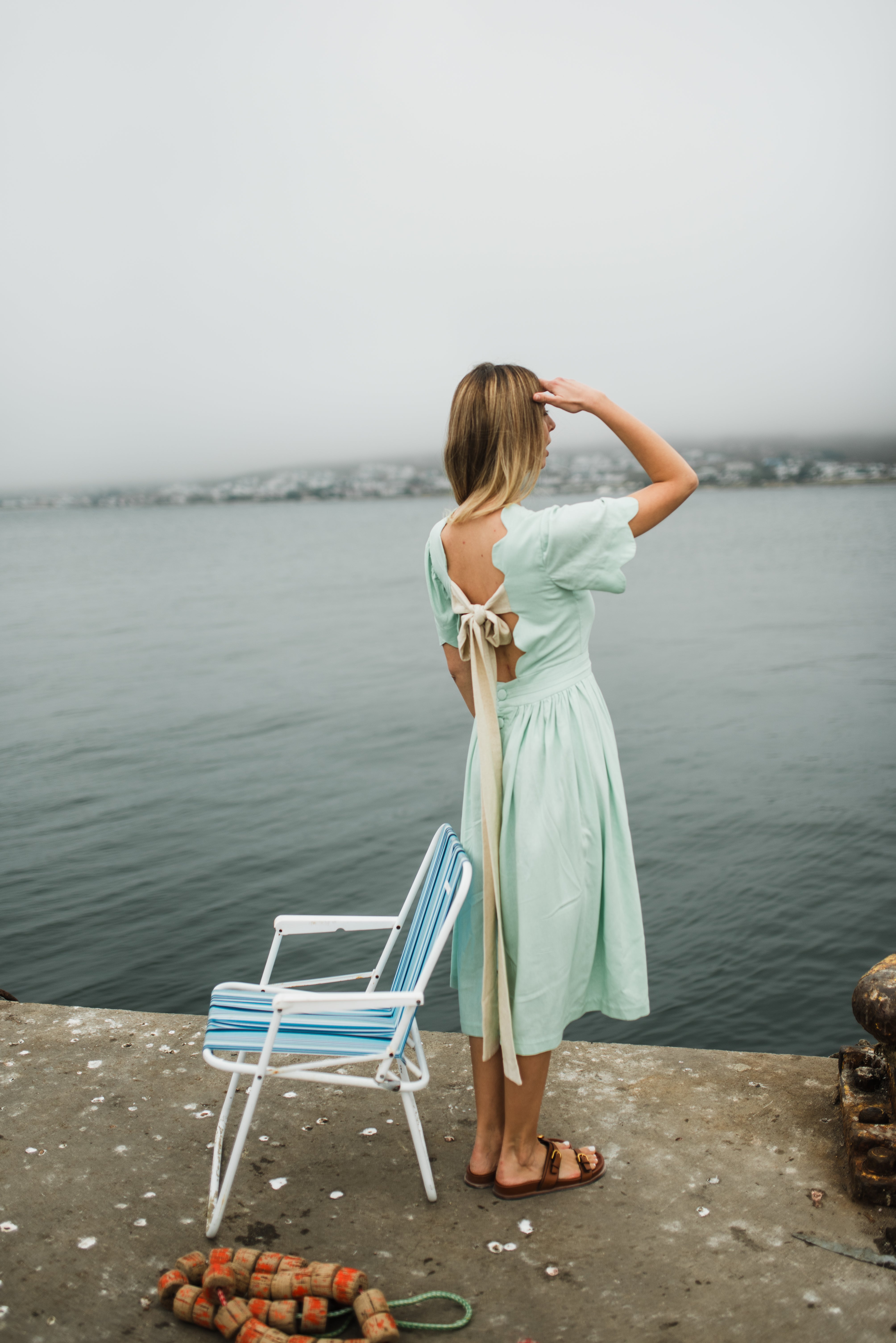 Mint Whisper Scallop Open Back Dress — Pistachio with Oatmeal Tie